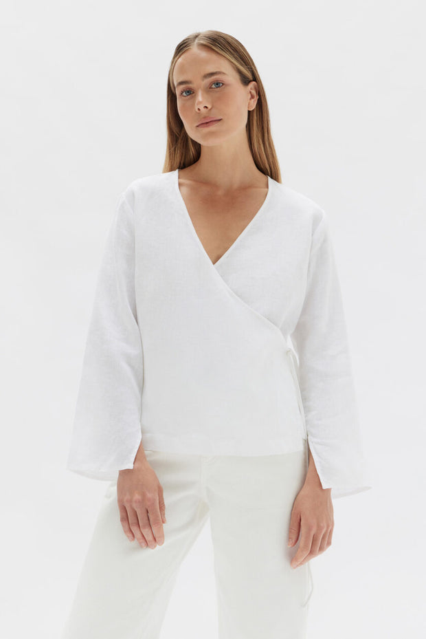 Renee Linen  Wrap - Long Sleeve Top -White