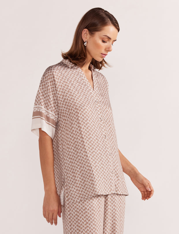 Soleil Resort Shirt - Beige/ White Print