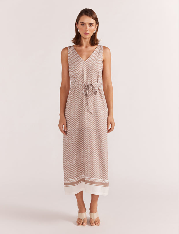 Soleil MIDI Dress - Beige/White print