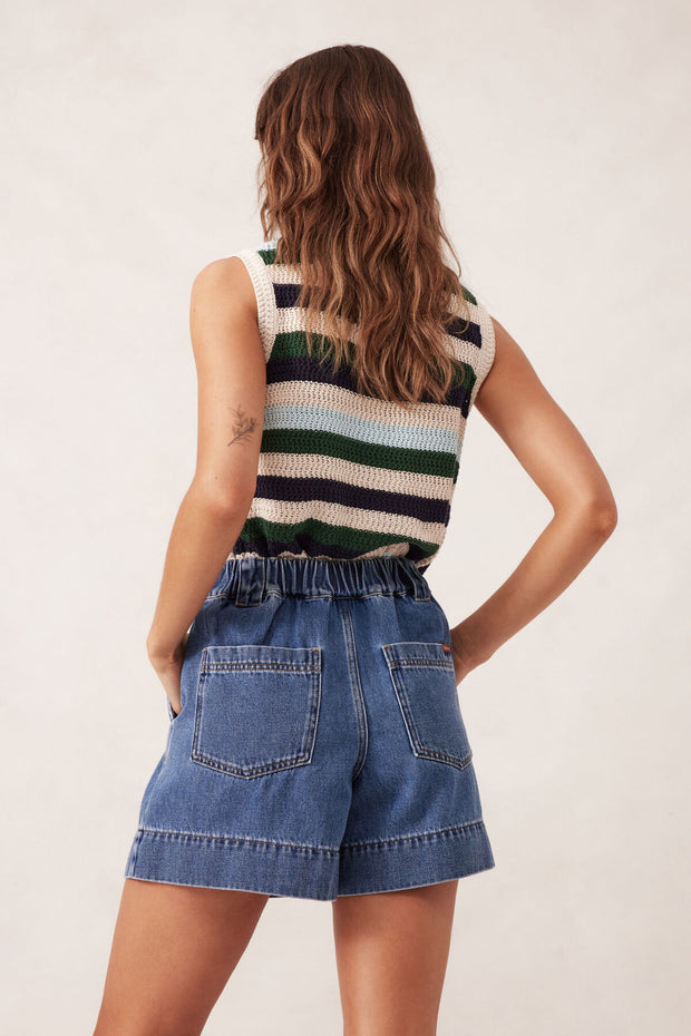 Pleat Front Short - Mid Blue Wash